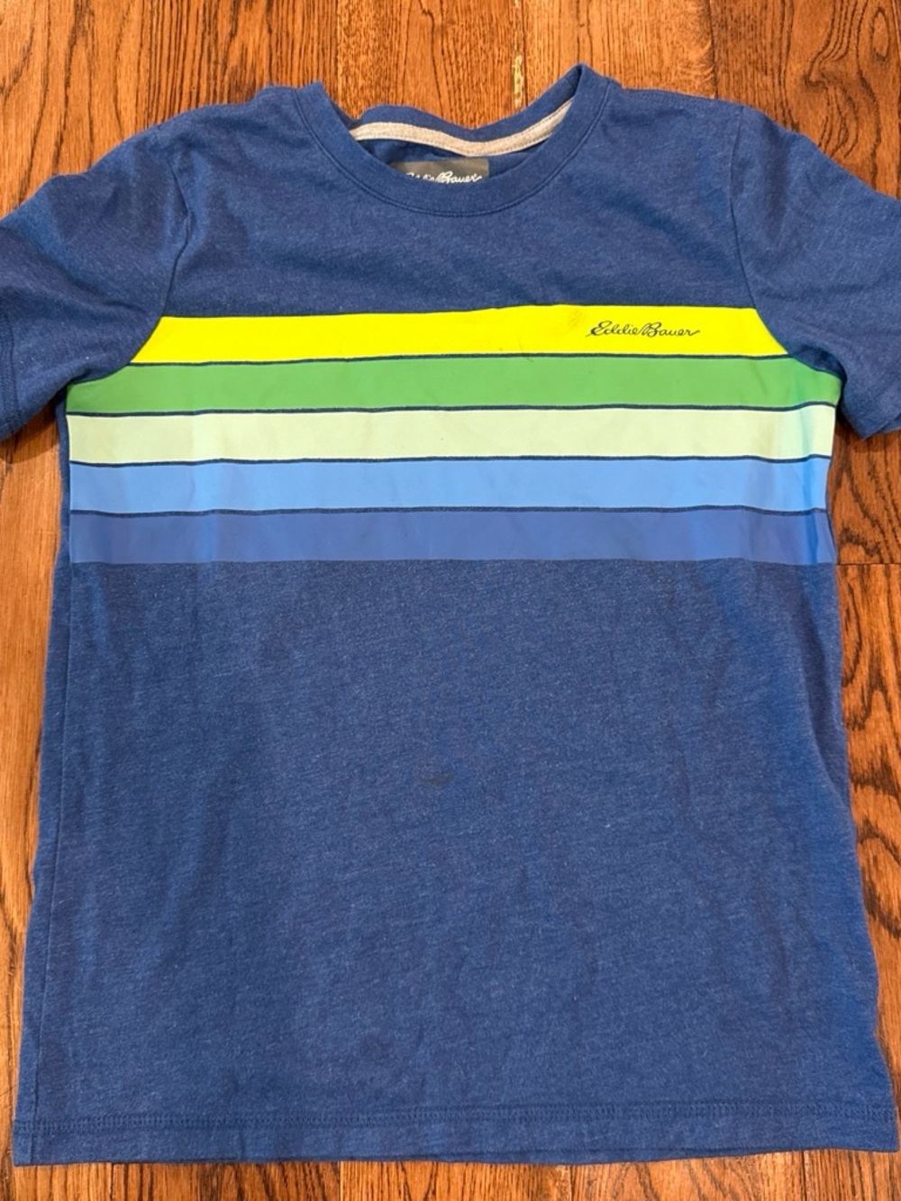 Eddie Bauer Blue Short-Sleeve Tee with Yellow, Green & Light Blue Stripes